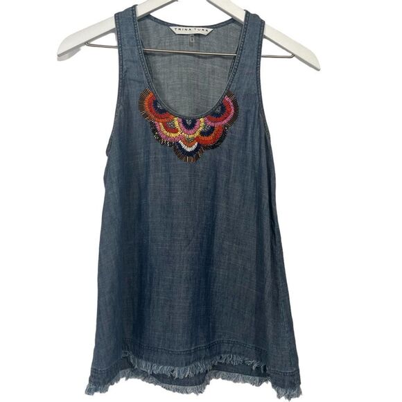 Trina Turk Raindrop Embellished Racerback Tank Womens XS Chambray Embroidered - Picture 1 of 8